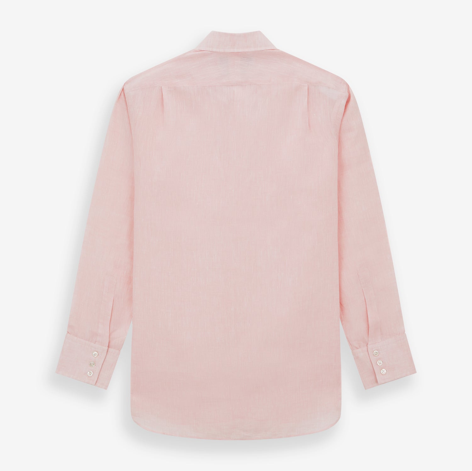 View 3 of product The Turnbull & Asser Pink Linen Shirt features a T&A collar, 3-button cuffs, and classic white buttons. This long-sleeved summer staple is shown on a plain white background.