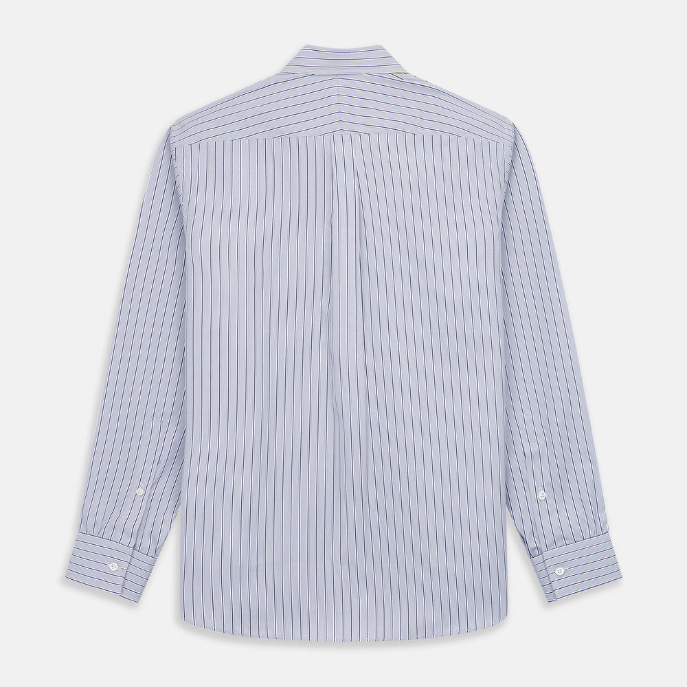 Turnbull & Asser Navy & Blue Stripe Weekend Fit Shirt, featuring a Derby collar, single button cuffs, and a chest pocket, laid flat on a white background.