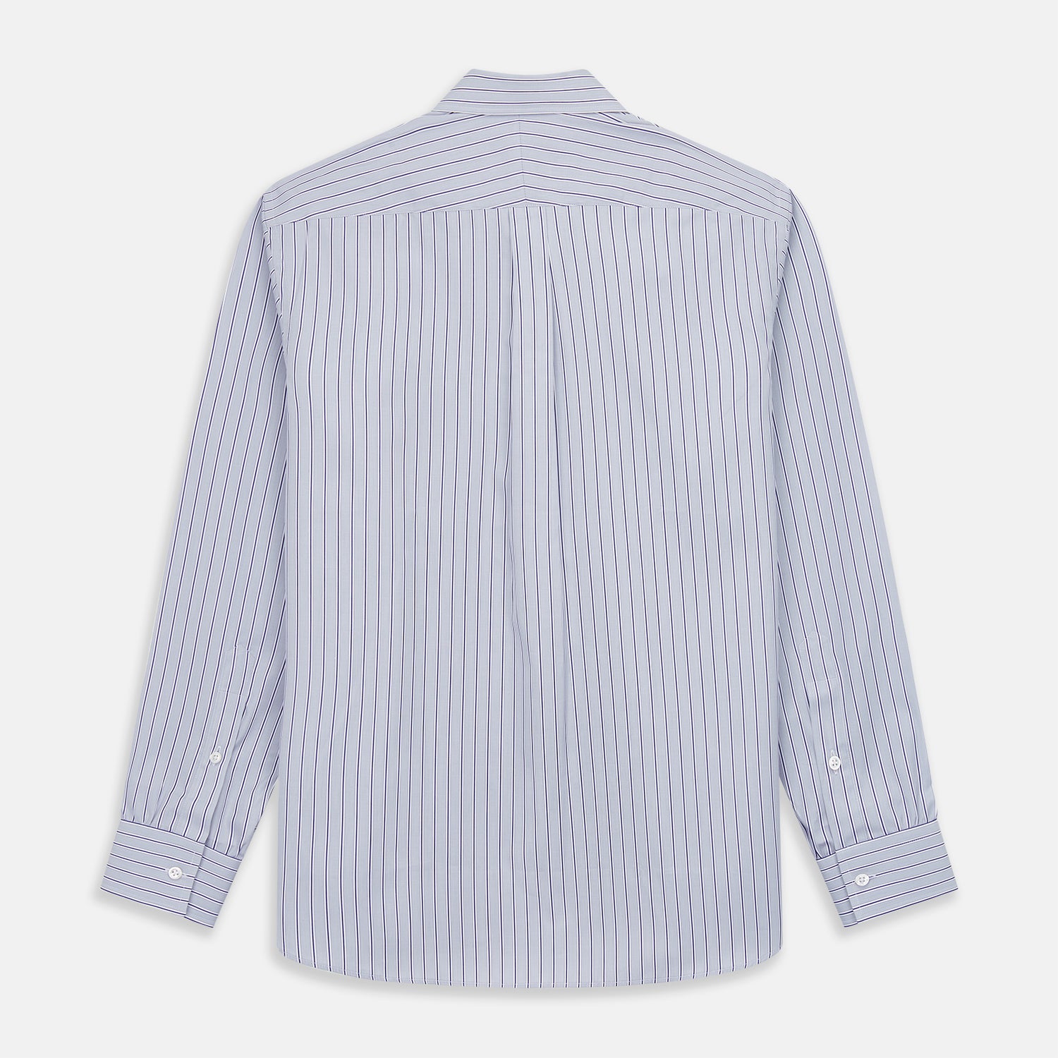 View 5 of product Turnbull & Asser Navy & Blue Stripe Weekend Fit Shirt, featuring a Derby collar, single button cuffs, and a chest pocket, laid flat on a white background.