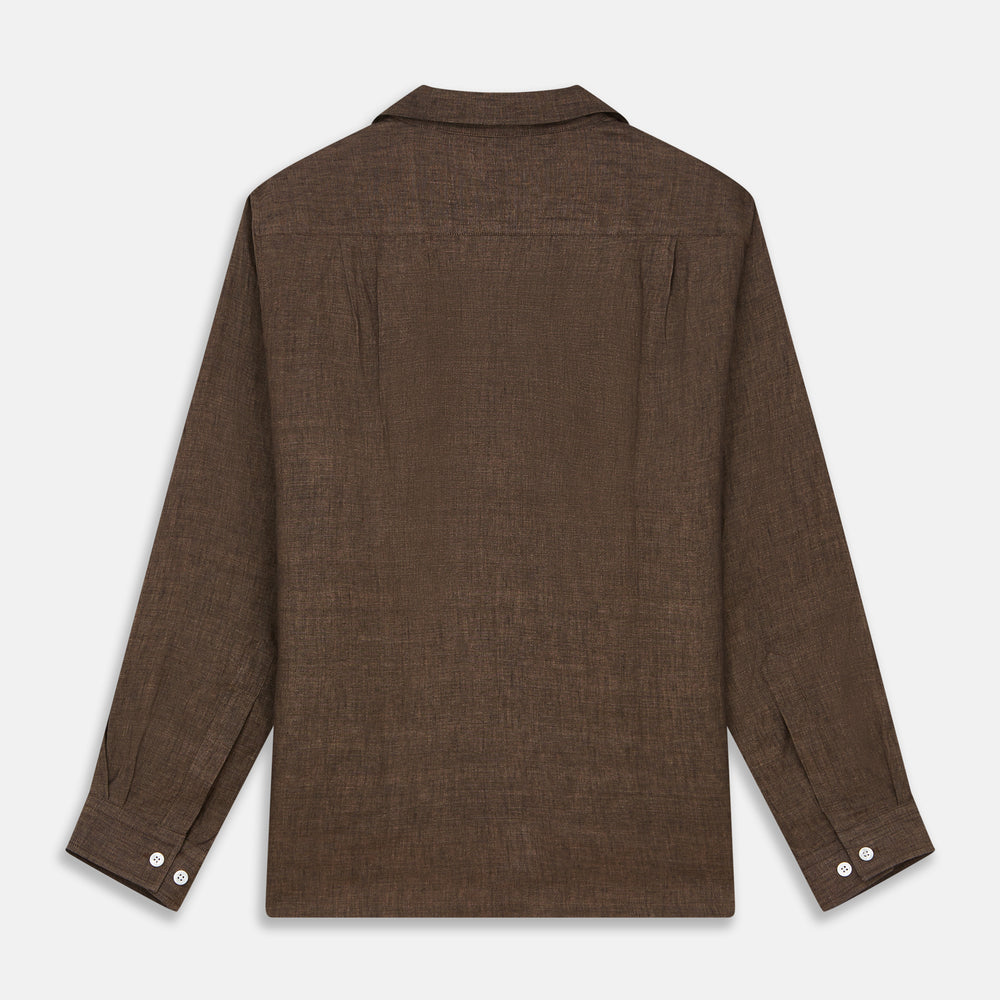 The Turnbull & Asser Chocolate Brown Linen Holiday Fit Fellows Shirt, featuring long sleeves, a classic collar, and white buttons, is displayed flat on a white background—ideal for effortless summer style.