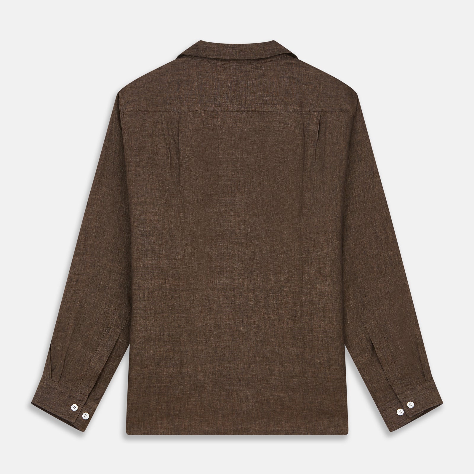 View 5 of product The Turnbull & Asser Chocolate Brown Linen Holiday Fit Fellows Shirt, featuring long sleeves, a classic collar, and white buttons, is displayed flat on a white background—ideal for effortless summer style.
