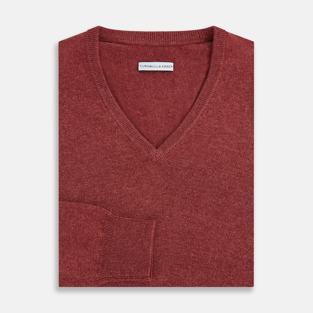 The Turnbull & Asser Burgundy Crew V-Neck Cashmere Jumper is a long-sleeve knitwear piece with ribbed cuffs, hem, and neckline, shown on a white background.