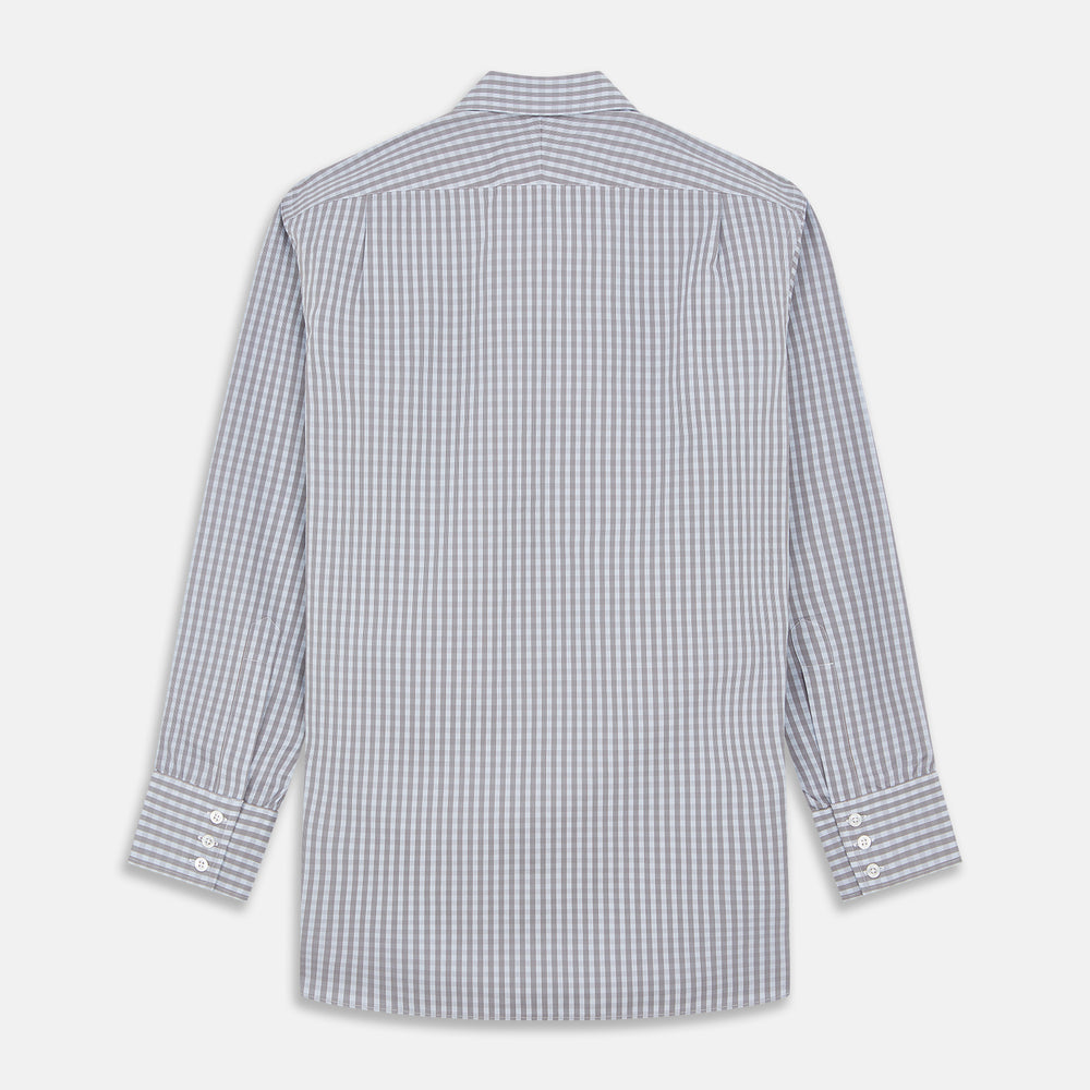The Turnbull & Asser Pale Blue Multi Check Cotton Regular Fit Mayfair Shirt features a pale blue checkered pattern and long sleeves, shown on a white background.