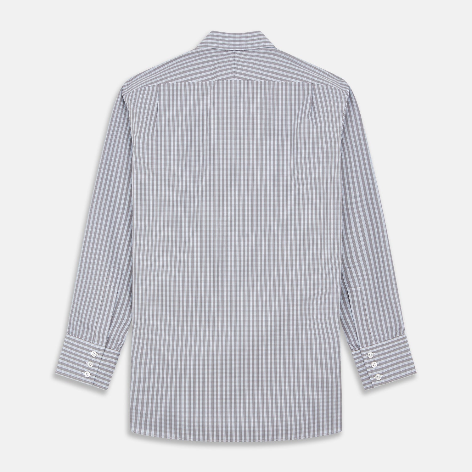 View 4 of product The Turnbull & Asser Pale Blue Multi Check Cotton Regular Fit Mayfair Shirt features a pale blue checkered pattern and long sleeves, shown on a white background.