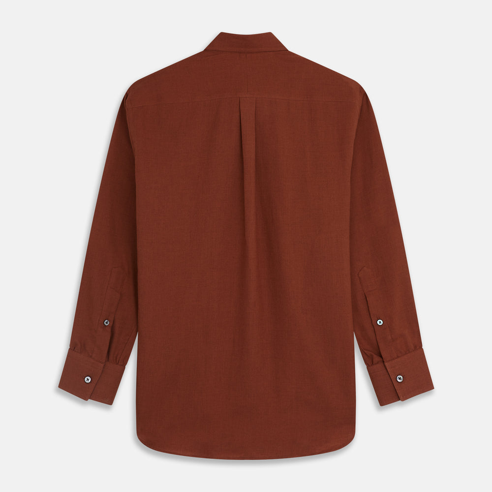 The Turnbull & Asser Burgundy Cotton and Cashmere Weekend Fit Shirt features a Dorset collar, 1-button cuffs, and a relaxed fit, shown flat against a white background.