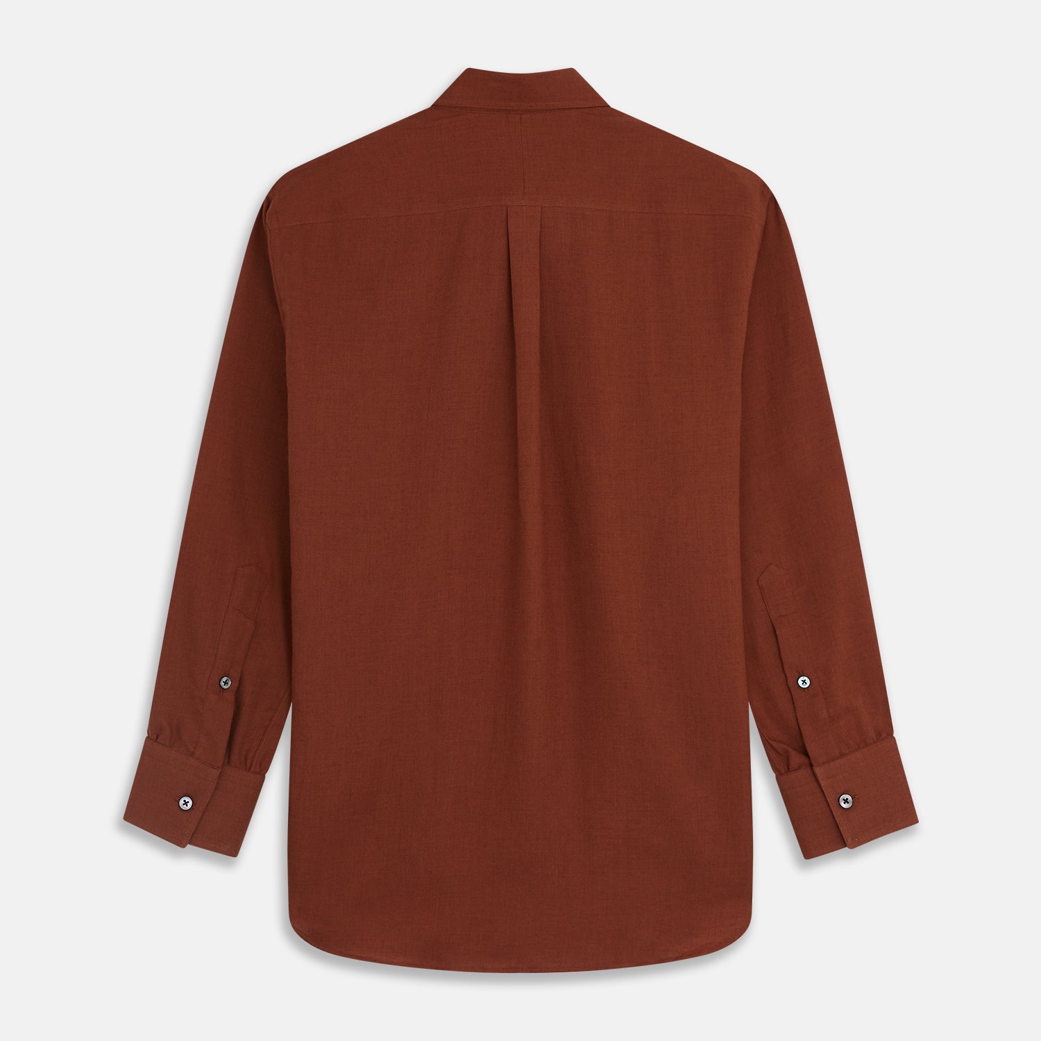 View 5 of product The Turnbull & Asser Burgundy Cotton and Cashmere Weekend Fit Shirt features a Dorset collar, 1-button cuffs, and a relaxed fit, shown flat against a white background.