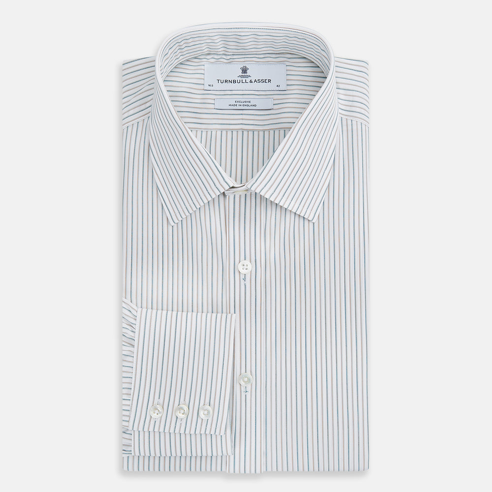 The Teal Double Stripe Mayfair Shirt by Turnbull & Asser is a long-sleeved, button-up shirt with thin teal stripes, a pointed collar, and buttoned cuffs—an essential piece for any gentleman’s wardrobe, shown laid flat on a white background.