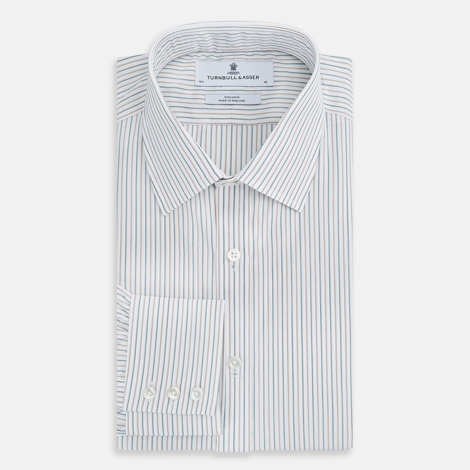 View 5 of product The Teal Double Stripe Mayfair Shirt by Turnbull & Asser is a long-sleeved, button-up shirt with thin teal stripes, a pointed collar, and buttoned cuffs—an essential piece for any gentleman’s wardrobe, shown laid flat on a white background.
