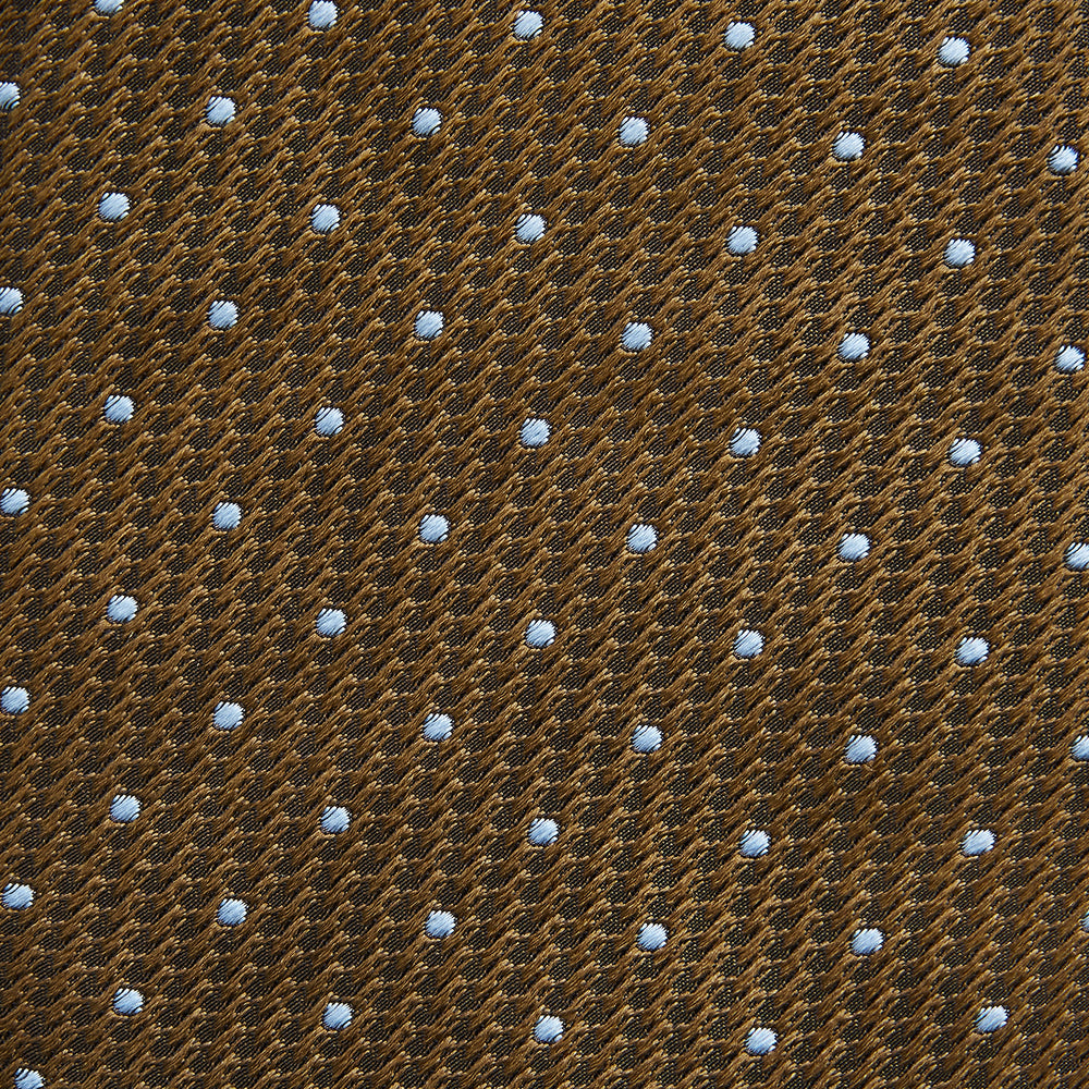 The LACE ON TONE SPOT EARTH RIVER TIE by Turnbull & Asser is a brown woven tie with small light blue dots, shown rolled up on a white background—a stylish accessory for formal outfits.