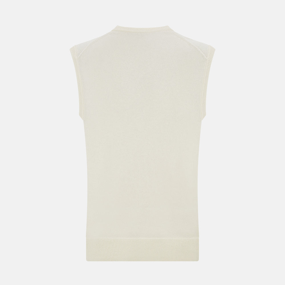 The Turnbull & Asser White Cashmere V-neck Vest is a sleeveless ivory knit with ribbed trim, ideal for layering in cooler weather, shown against a plain white background.