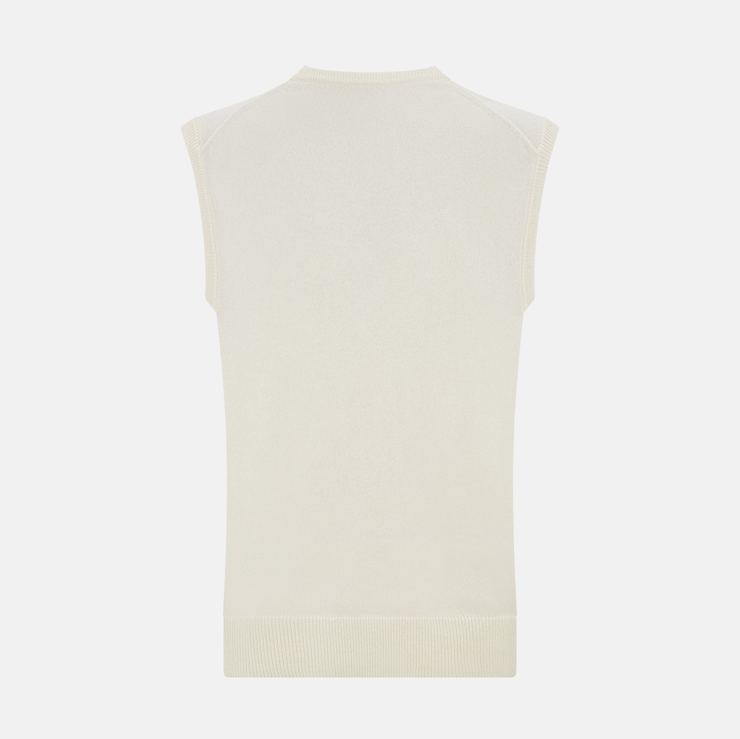 View 3 of product The Turnbull & Asser White Cashmere V-neck Vest is a sleeveless ivory knit with ribbed trim, ideal for layering in cooler weather, shown against a plain white background.