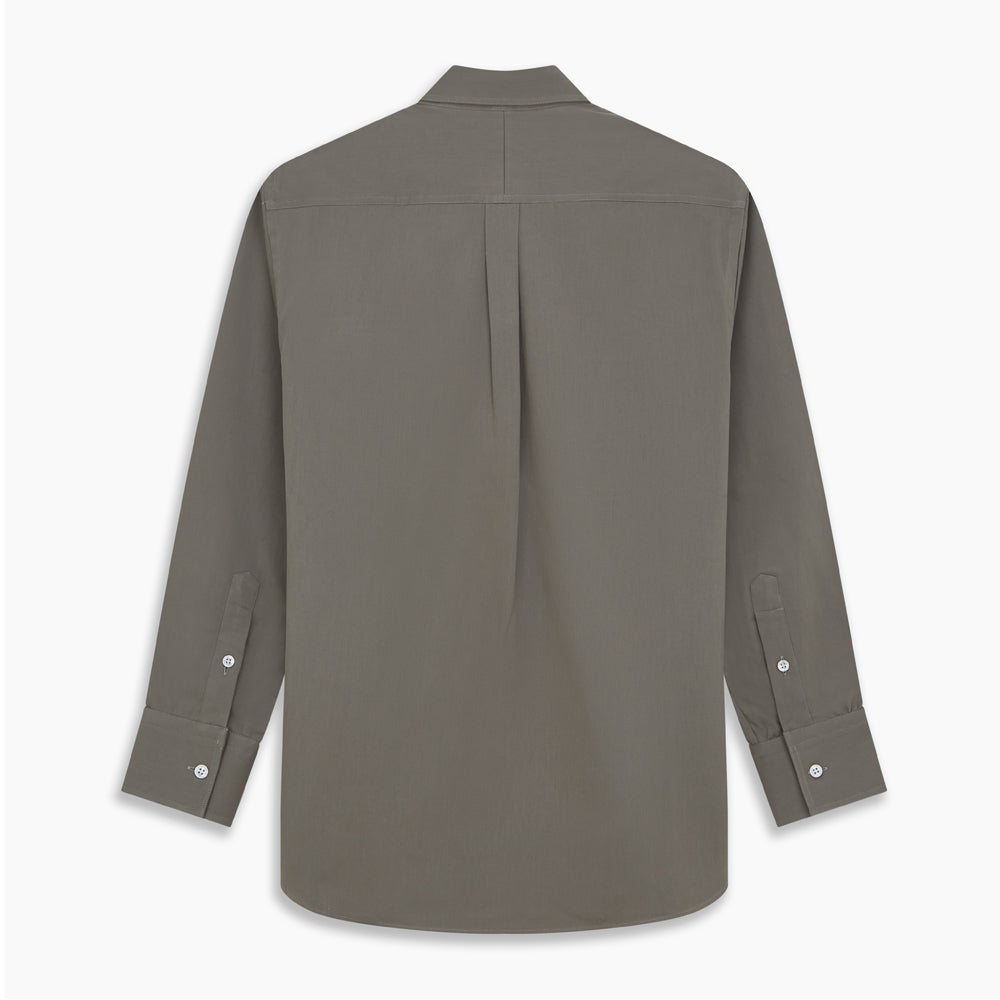 The Turnbull & Asser Dusty Sage Cotton Drill Weekend Fit Nevis Shirt features a button-down collar, long sleeves, two chest pockets, and white buttons, shown folded on a white background.