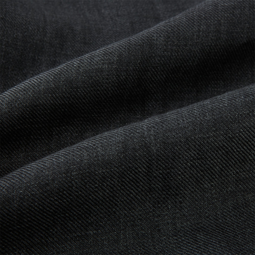 The Ash Linen Windsor Shirt by Turnbull & Asser is a long-sleeve, button-up black shirt with a Windsor collar and cuffs, reflecting British craftsmanship, shown on a plain white background.