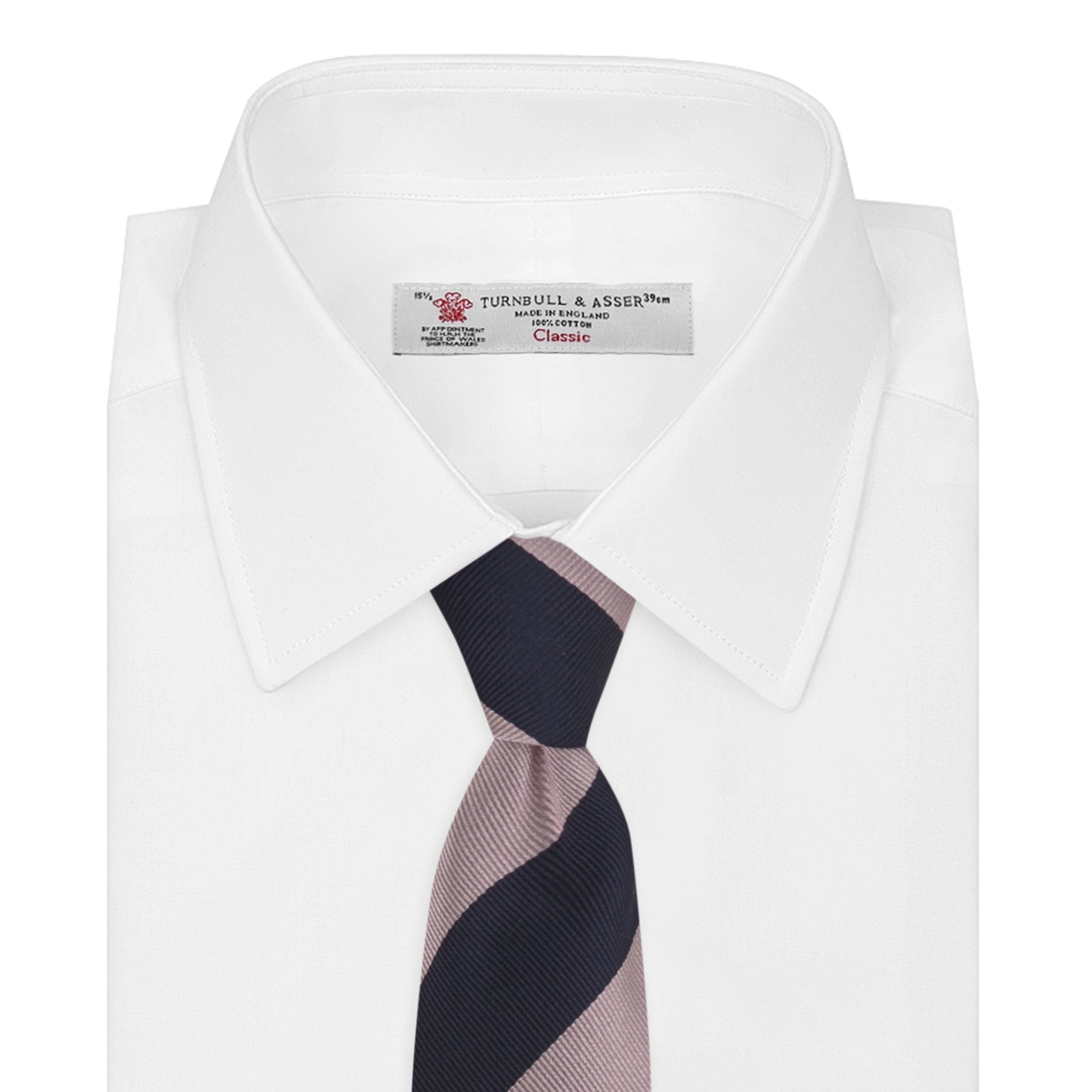 View 3 of product The Turnbull & Asser Navy and Rose Block Stripe Repp Silk Tie, crafted from luxurious silk, features bold diagonal stripes and is displayed rolled up on a plain white background.