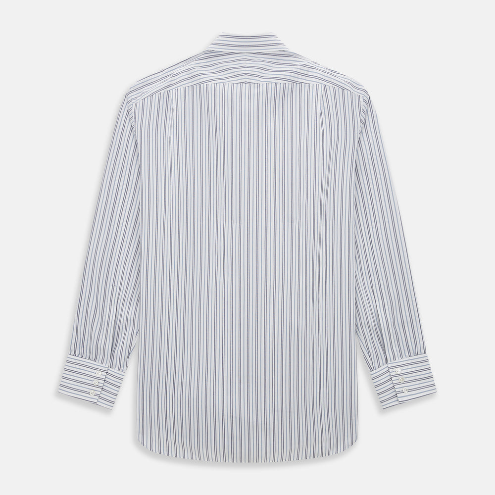 The Turnbull & Asser Navy Multi Stripe Mayfair Shirt features a T&A collar and premium Italian cotton, with vertical blue and white stripes. It is shown neatly laid flat on a white background.