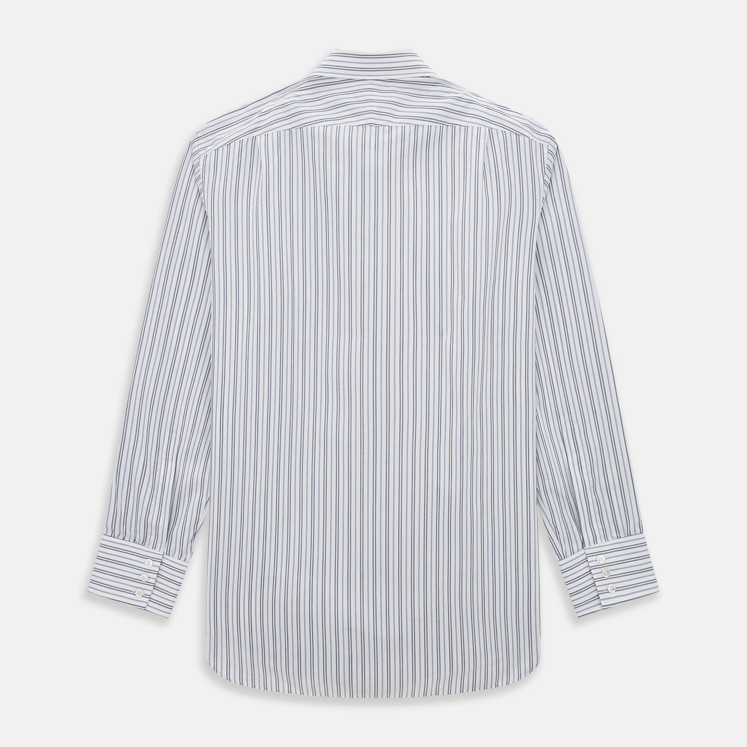 View 3 of product The Turnbull & Asser Navy Multi Stripe Mayfair Shirt features a T&A collar and premium Italian cotton, with vertical blue and white stripes. It is shown neatly laid flat on a white background.