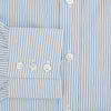 View 4 of product The Turnbull & Asser Sky Blue Shadow Pinstripe Mayfair Shirt, a long-sleeved, button-up shirt with a T&A collar and light blue and white thin vertical stripes, is displayed flat on a white background.