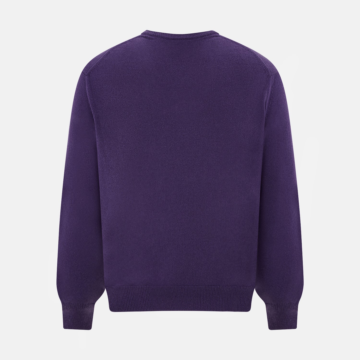 View 3 of product The Turnbull & Asser Purple Cashmere V-neck Jumper features long sleeves with ribbed cuffs and hem—a classic knitwear piece for effortless layering, shown against a white background.