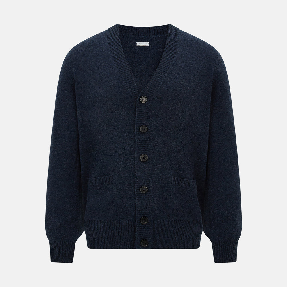 The Navy Melange Cashmere Cardigan by Turnbull & Asser features long sleeves, a V-neck, five dark buttons, ribbed cuffs and hem, and two front pockets. Shown against a plain white background.