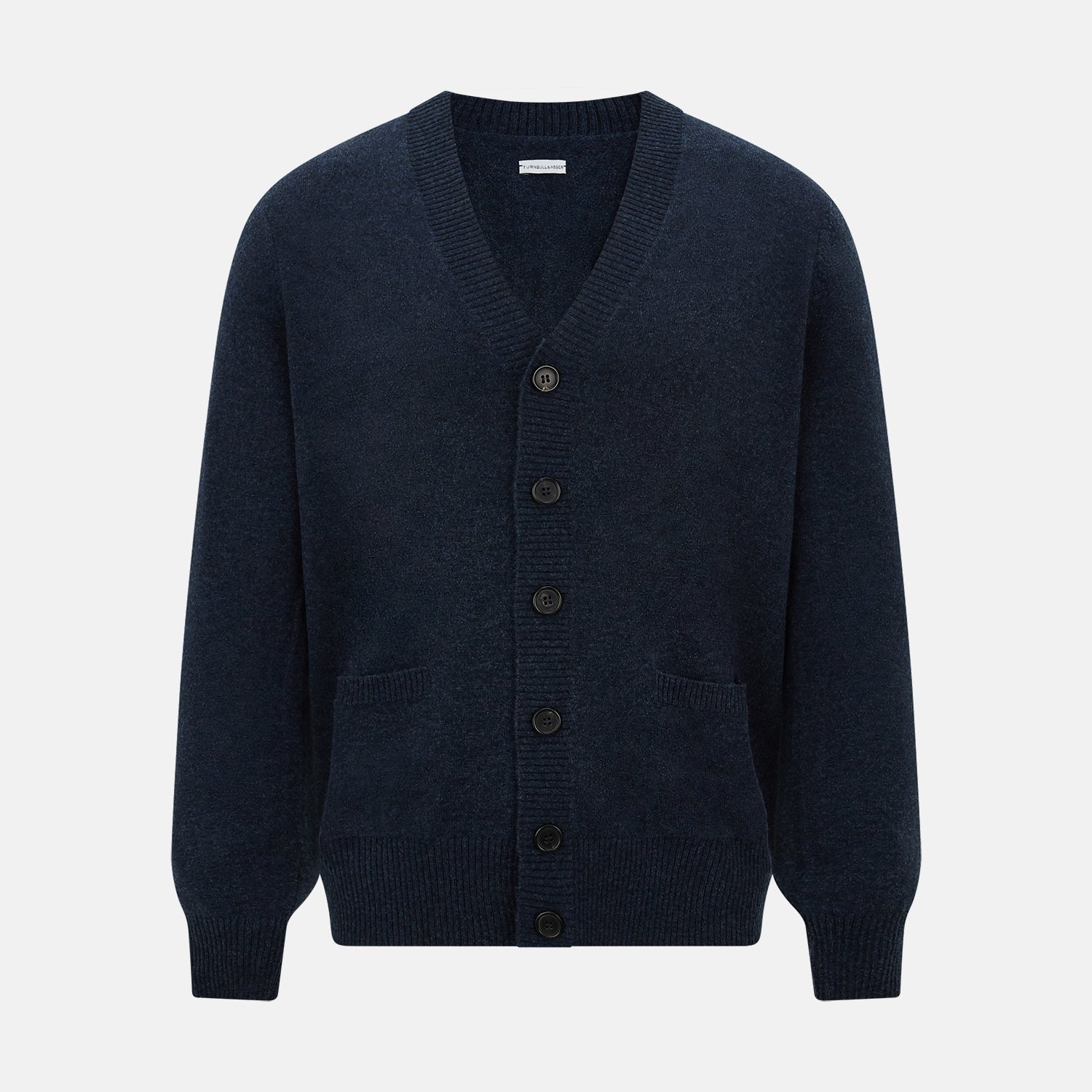 View 1 of product The Navy Melange Cashmere Cardigan by Turnbull & Asser features long sleeves, a V-neck, five dark buttons, ribbed cuffs and hem, and two front pockets. Shown against a plain white background.