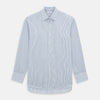View 1 of product The Turnbull & Asser Blue Shadow Stripe Mayfair Shirt is a long-sleeve button-up with a T&A collar and thin blue vertical stripes on white, shown on a plain white background.