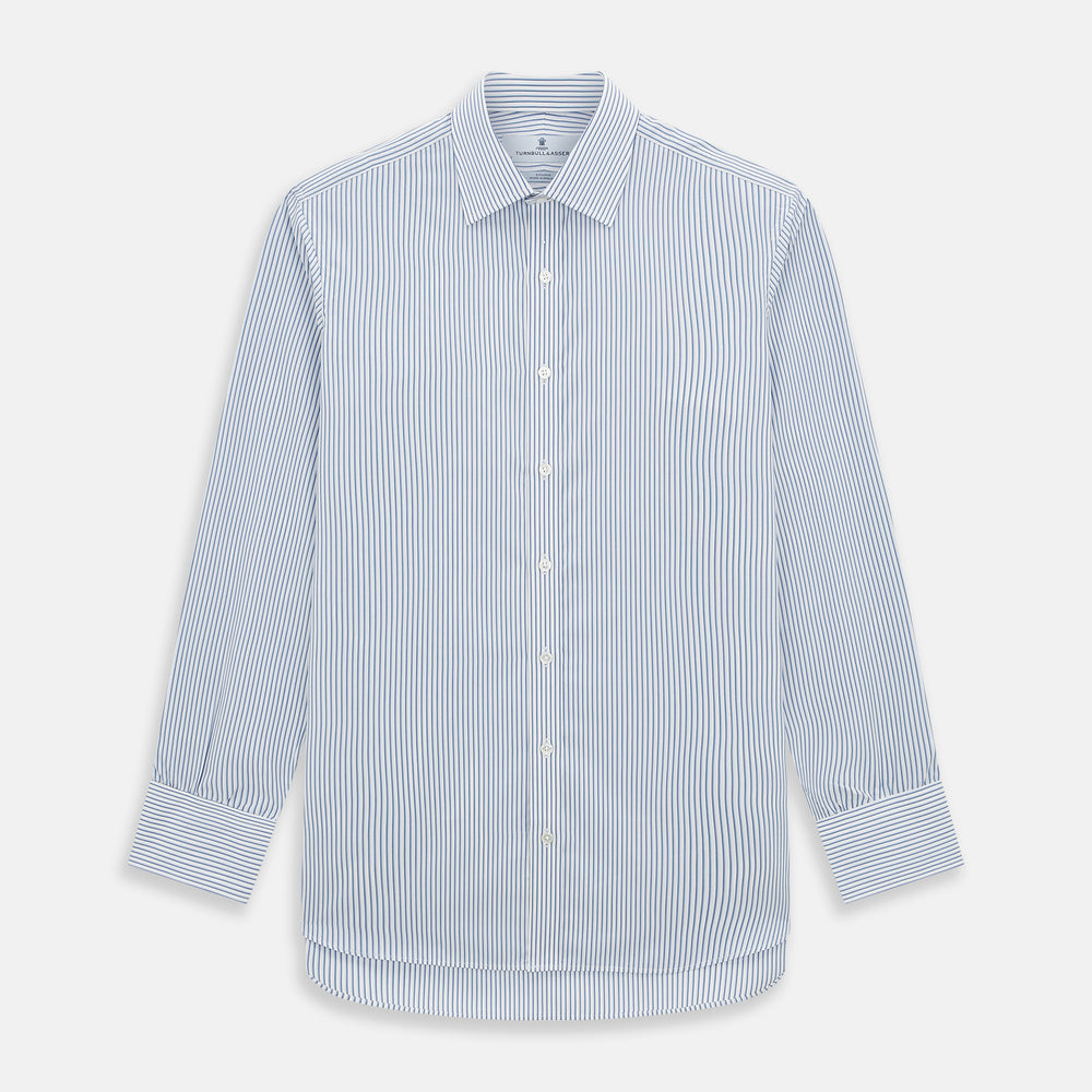 The Turnbull & Asser Blue Shadow Stripe Mayfair Shirt is a long-sleeve button-up with a T&A collar and thin blue vertical stripes on white, shown on a plain white background.