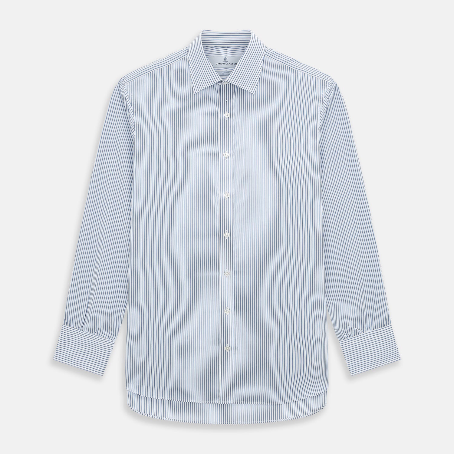 View 1 of product The Turnbull & Asser Blue Shadow Stripe Mayfair Shirt is a long-sleeve button-up with a T&A collar and thin blue vertical stripes on white, shown on a plain white background.