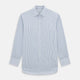 The Turnbull & Asser Blue Shadow Stripe Mayfair Shirt is a long-sleeve button-up with a T&A collar and thin blue vertical stripes on white, shown on a plain white background.