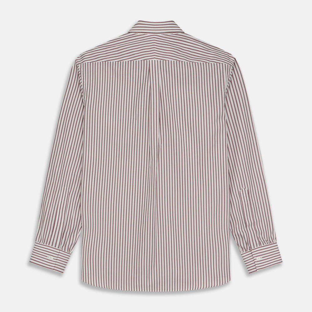 The Turnbull & Asser Burgundy Stripe Weekend Fit Shirt features a Derby collar, 1-button cuffs, and vertical burgundy and white stripes, shown laid flat on a plain light background.