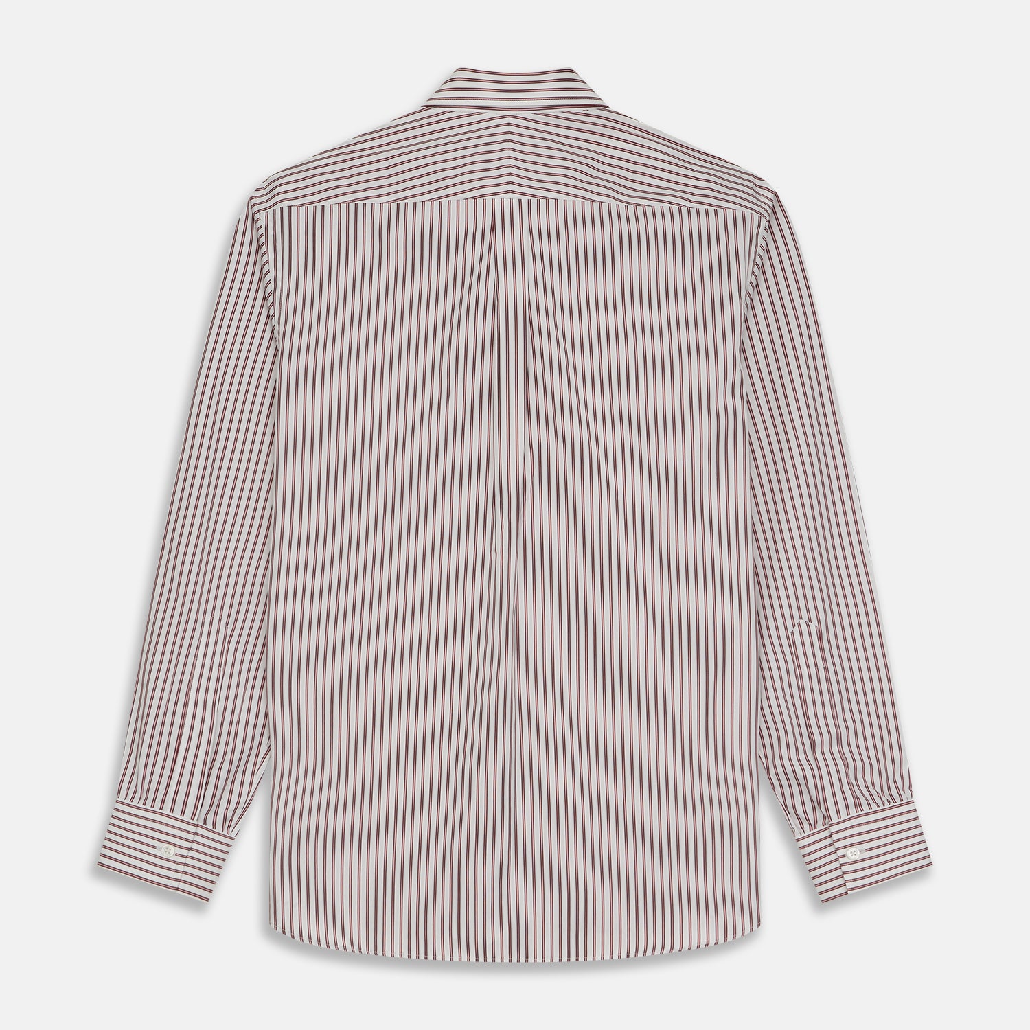 View 6 of product The Turnbull & Asser Burgundy Stripe Weekend Fit Shirt features a Derby collar, 1-button cuffs, and vertical burgundy and white stripes, shown laid flat on a plain light background.