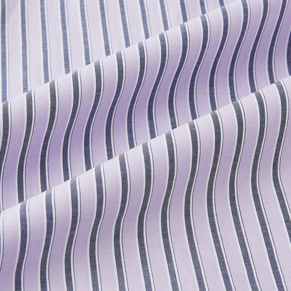 The Turnbull & Asser Lilac Ticking Stripe Mayfair Shirt in Italian cotton features long sleeves, a classic collar and cuffs, and is shown on a white background.