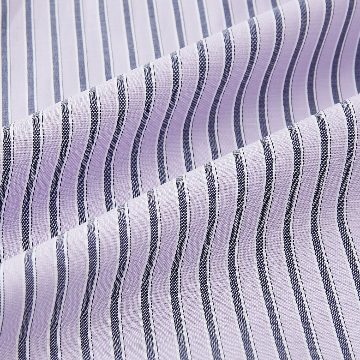 View 6 of product The Turnbull & Asser Lilac Ticking Stripe Mayfair Shirt in Italian cotton features long sleeves, a classic collar and cuffs, and is shown on a white background.