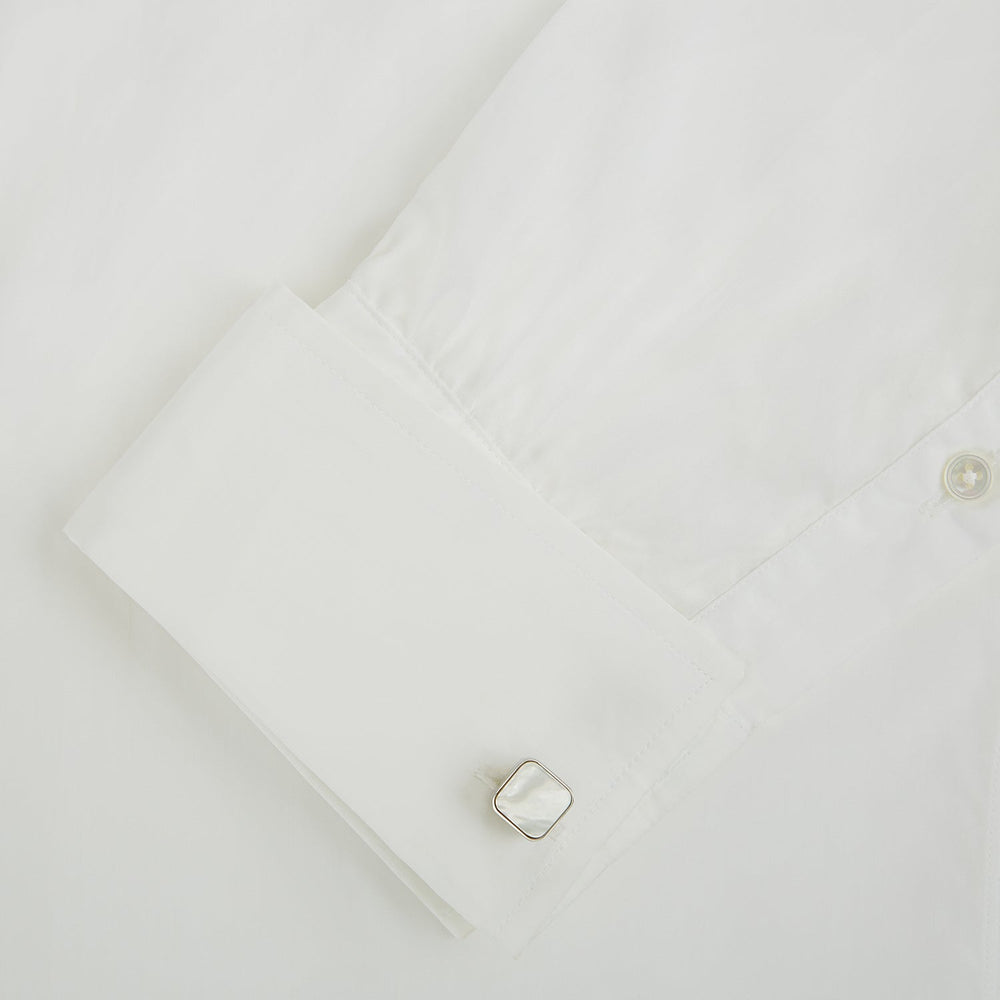Turnbull & Asser Mother of Pearl Square Cufflinks feature sterling silver-toned frames with white, iridescent mother of pearl inlays, shown against a plain white background.