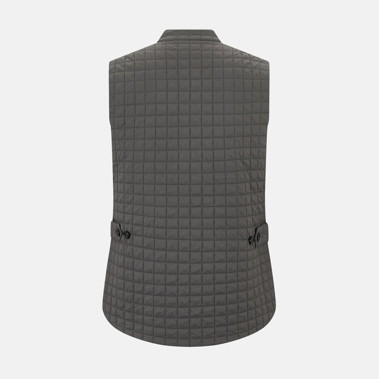 View 3 of product The Turnbull & Asser Shadow Grey Double-Breasted Quilted Gilet features a sleeveless design, asymmetrical collar, side zip pockets, slanted chest pocket, grid pattern, and modern black buttons—perfect for layered dressing.