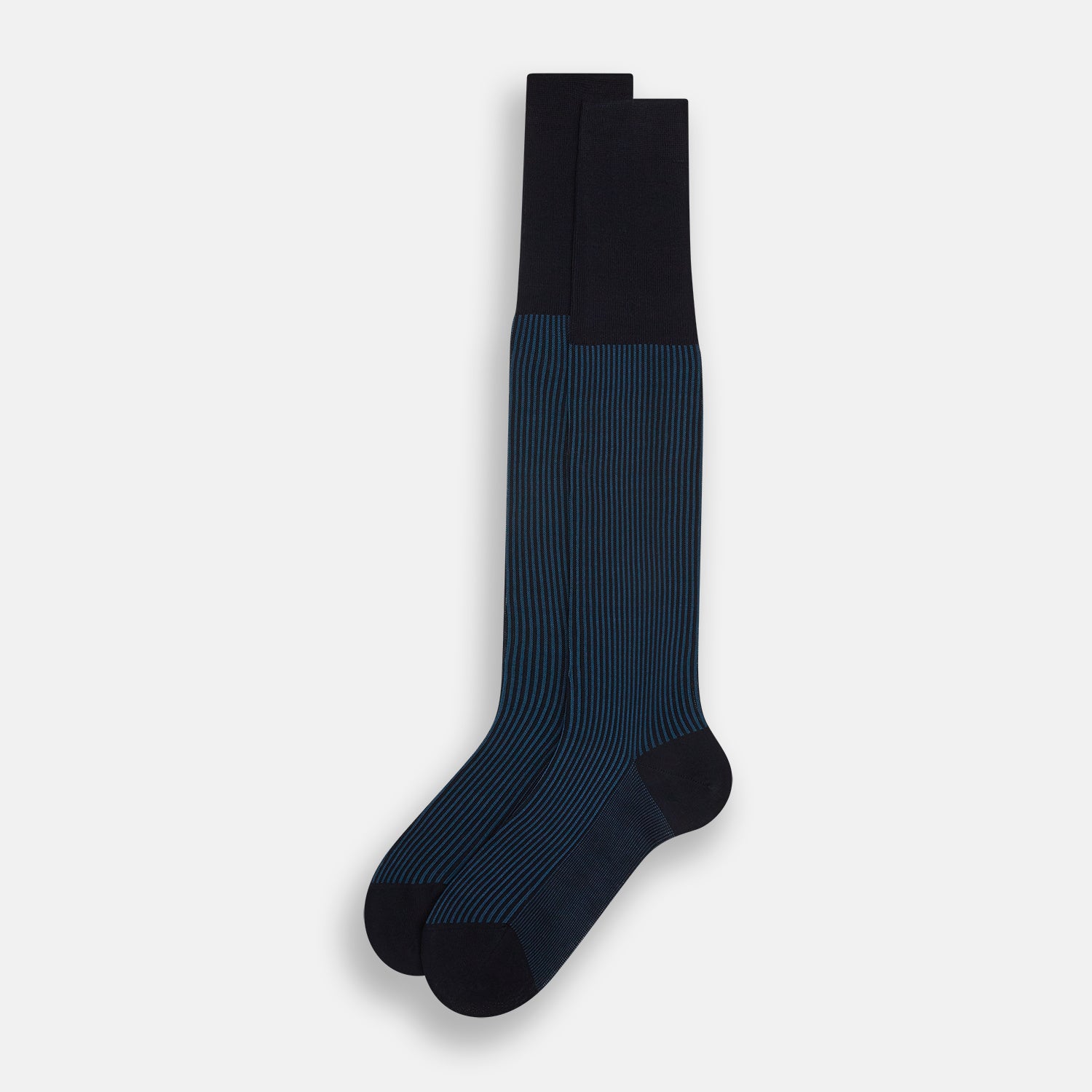 View 2 of product The Navy/Blue Thin Striped Long Socks by Turnbull & Asser feature an over the calf design with a dark upper and navy-black vertical stripes, made from soft mercerised Egyptian cotton for comfort. Displayed on a white background.