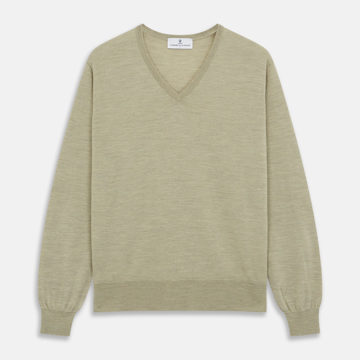 View 1 of product A light green Kennedy Merino V-neck jumper by Turnbull & Asser is laid flat on a white background. This knitwear piece features ribbed cuffs and hem, offering a simple, classic design ideal for any wardrobe.