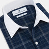 View 2 of product The Turnbull & Asser Indigo Windowpane Check Windsor Shirt features a contrast T&A collar and cuffs, highlighting British craftsmanship. It is displayed flat on a white background.