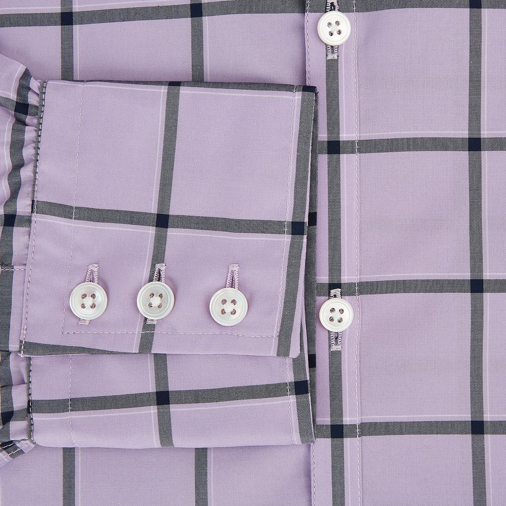 A long-sleeve, button-up Lilac Grid Check Windsor Shirt by Turnbull & Asser, featuring a black windowpane pattern and a refined Windsor collar, displayed on a plain white background.