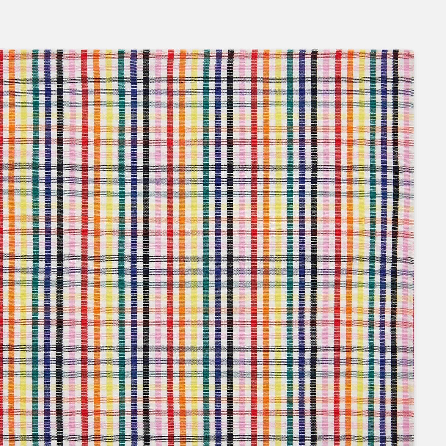 View 2 of product The Turnbull & Asser Hand Rolled Multi-coloured Grid Check Handkerchief features intersecting red, yellow, green, blue, and orange stripes on white—a vibrant and versatile gentleman’s accessory.