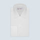 A Turnbull & Asser Two-Fold 200 White Cotton Shirt with T&A collar and double cuffs, neatly folded to show the label inside the collar, is displayed on a light blue background.