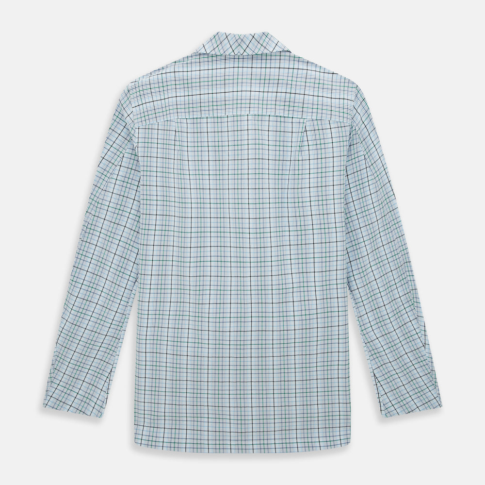 Turnbull & Asser’s Blue and Green Multi Check Pyjama Shirt features long sleeves and a button-up design with a blue and green plaid pattern—ideal for elegant loungewear or stylish nightwear.