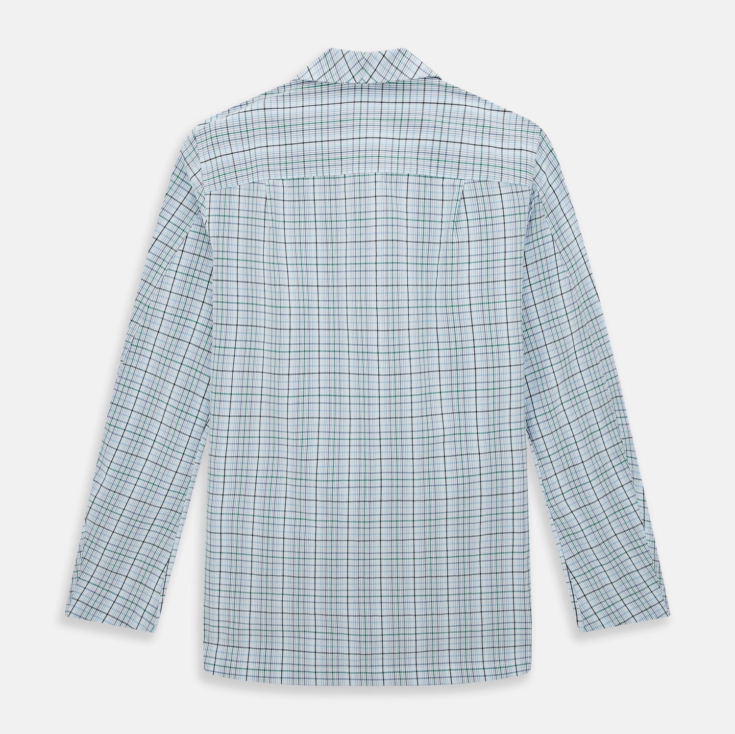 View 3 of product Turnbull & Asser’s Blue and Green Multi Check Pyjama Shirt features long sleeves and a button-up design with a blue and green plaid pattern—ideal for elegant loungewear or stylish nightwear.