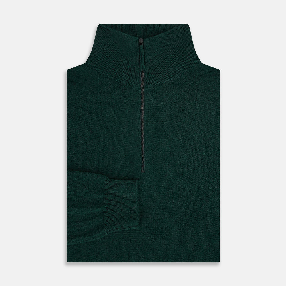 The Turnbull & Asser Forest Green Half-Zip Cashmere Jumper features a long-sleeve design and high collar with a sleek half-zip front, shown against a plain white background.