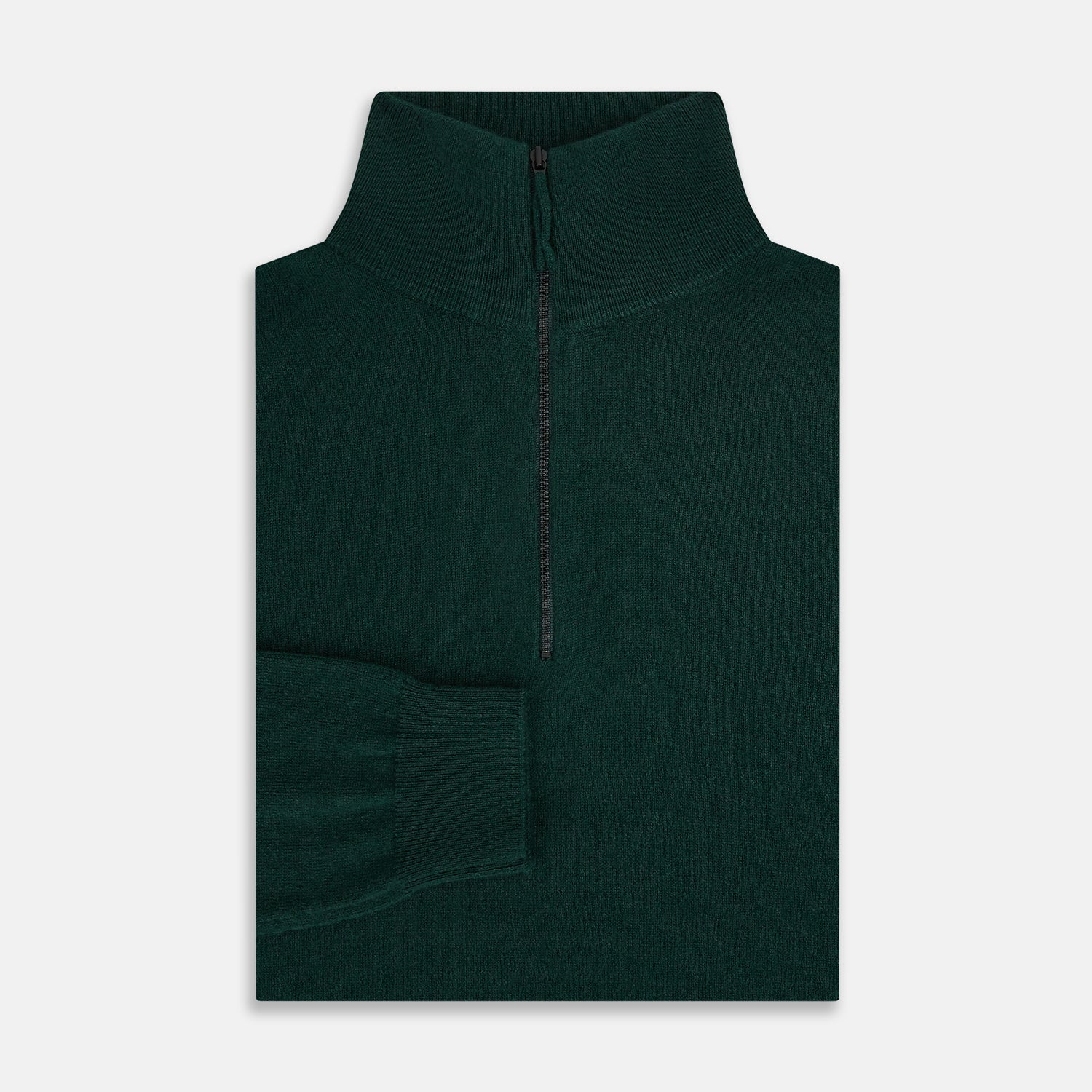 View 4 of product The Turnbull & Asser Forest Green Half-Zip Cashmere Jumper features a long-sleeve design and high collar with a sleek half-zip front, shown against a plain white background.