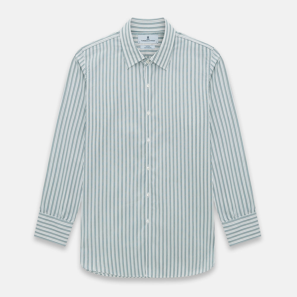 The OLIVE & SAGE GREEN MULTI TRACK STRIPE WESTMINSTER SHIRT by Turnbull & Asser features a classic Turnbull collar and long sleeves, showcasing British craftsmanship with its striped design, presented against a white background.