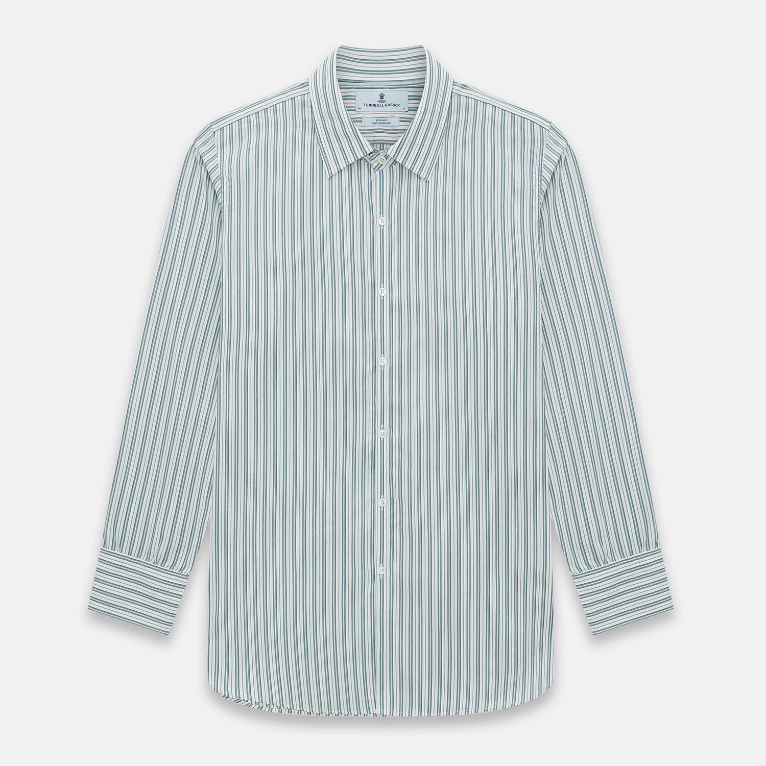 View 1 of product The OLIVE & SAGE GREEN MULTI TRACK STRIPE WESTMINSTER SHIRT by Turnbull & Asser features a classic Turnbull collar and long sleeves, showcasing British craftsmanship with its striped design, presented against a white background.