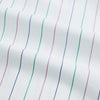 View 6 of product The Turnbull & Asser Pink and Green Wide Pinstripe Mayfair Shirt is a long-sleeve, button-up shirt made from organic cotton, shown laid flat on a white background.