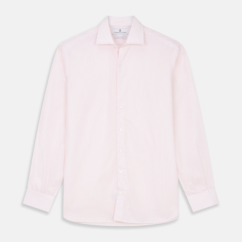 The Turnbull & Asser White and Pink Wide Stripe Shirt with Double Cuffs features a minimalist design, with bold vertical stripes and long sleeves, shown laid flat against a white background.