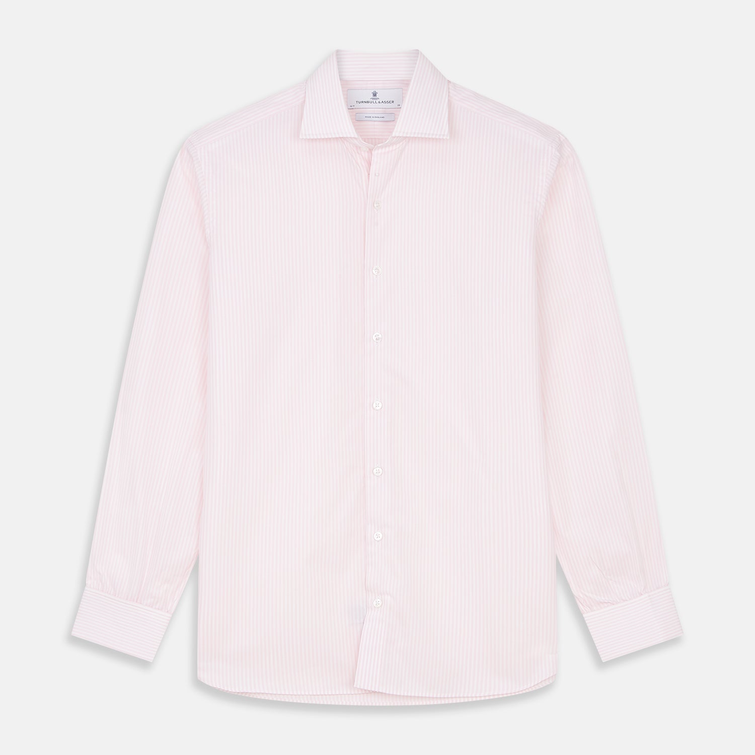 View 1 of product The Turnbull & Asser White and Pink Wide Stripe Shirt with Double Cuffs features a minimalist design, with bold vertical stripes and long sleeves, shown laid flat against a white background.