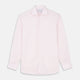 The Turnbull & Asser White and Pink Wide Stripe Shirt with Double Cuffs features a minimalist design, with bold vertical stripes and long sleeves, shown laid flat against a white background.